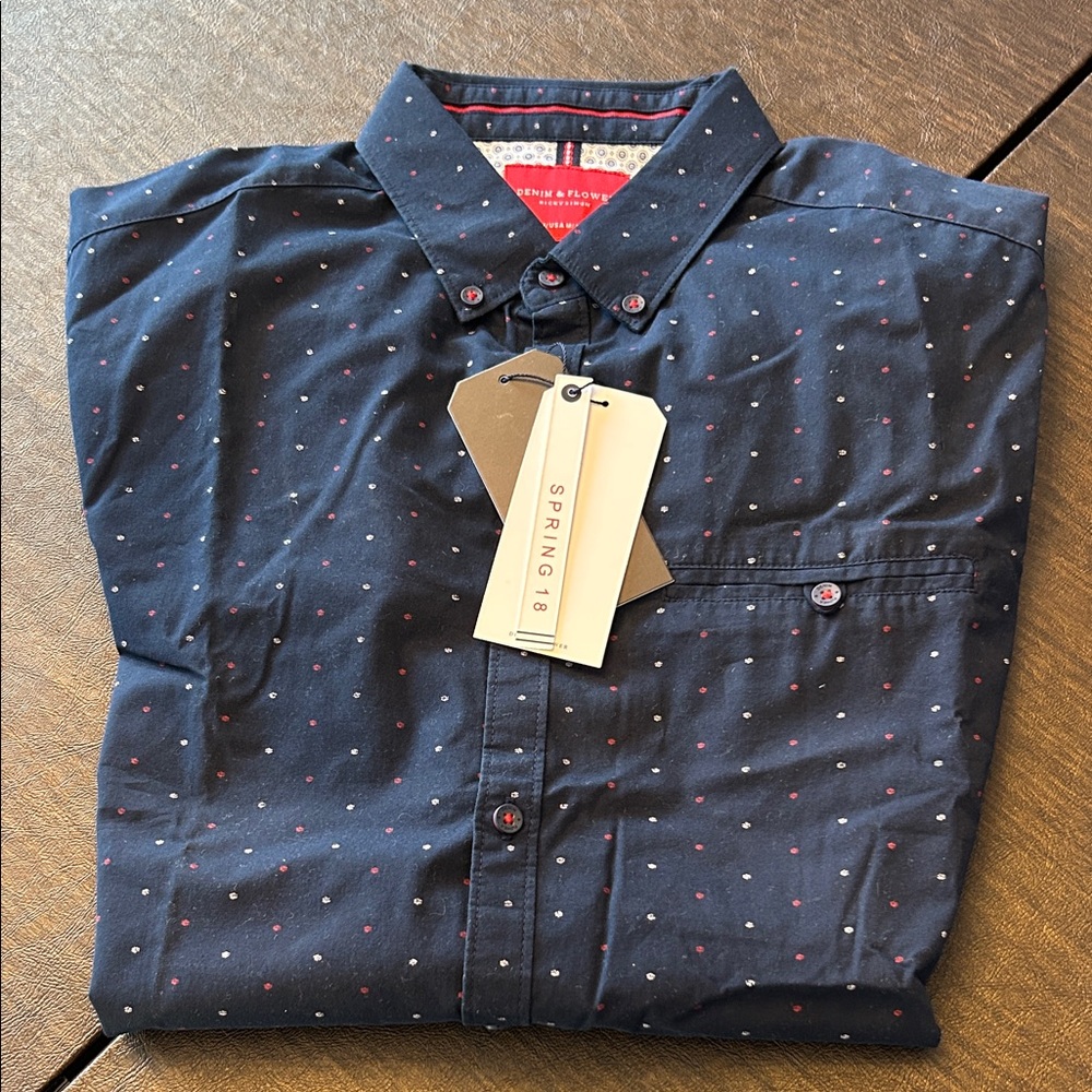 Denim & Flower Dark Blue Shirt with Red and White Dots